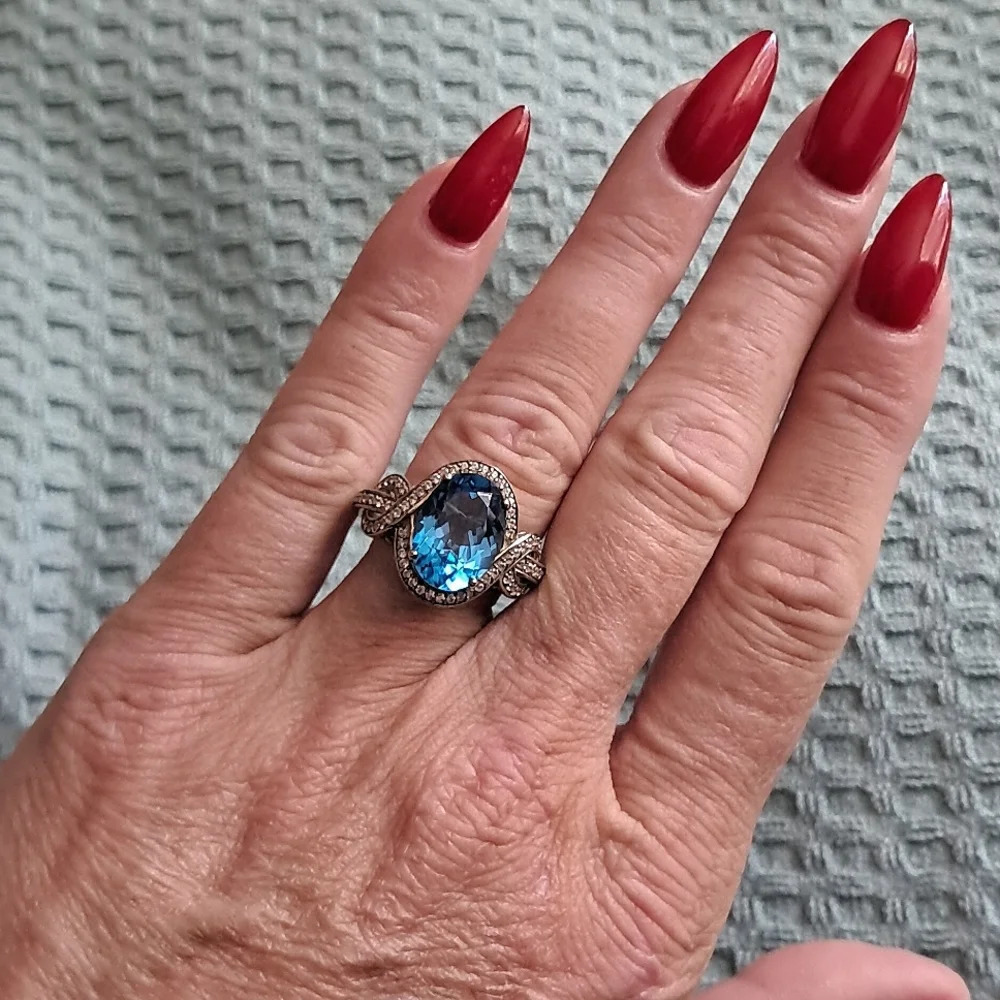 Blue Topaz and White Zircon Ring in 925 Sterling Silver - Picture 7 of 8